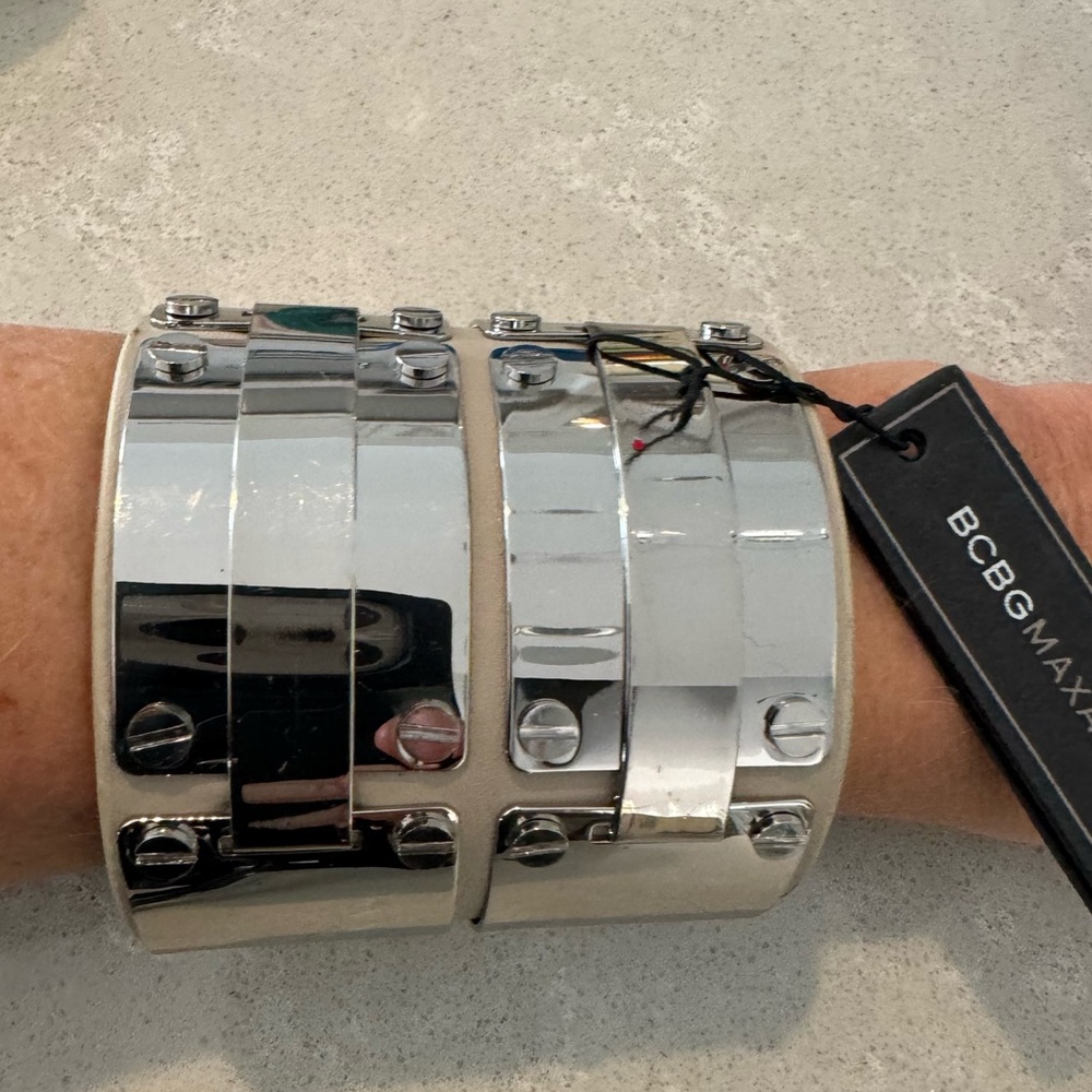 NWT BCBG Maxazaria Tan Leather & Silver Tone Cuff Bracelet